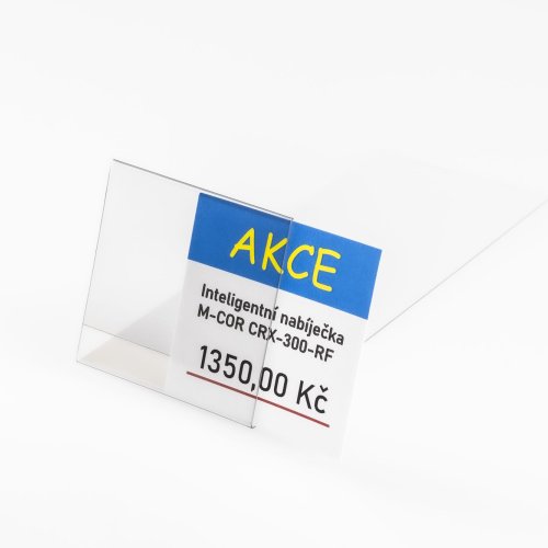 Stand made of transparent plastic for inserting a price tag - type PVC-S1-2- extended.The stand has an extended base.