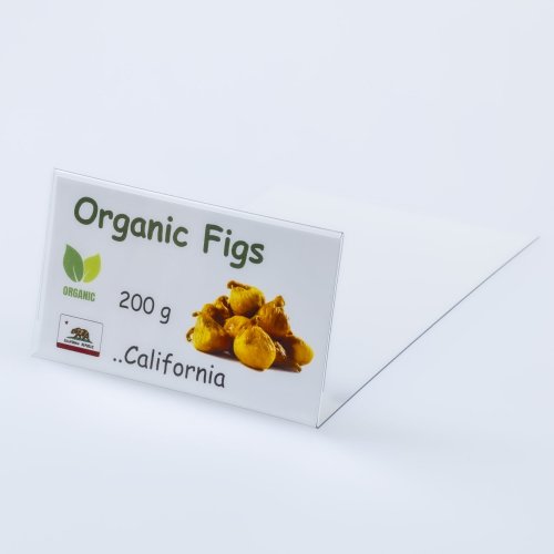 Stand made of transparent plastic for inserting a price tag - type PVC-S1-2- extended.The stand has an extended base.